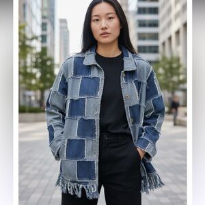Vintage Erica Brooke Patchwork Denim Jacket Long Fringe Hem and Sleeves Plus 22